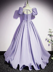 Party Dress Miami, Light Purple Satin Short Sleeves Beaded Party Dress, A-line Long Prom Dress
