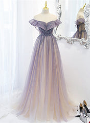 Formal Dress Ballgown, Light Purple Shiny Tulle Gradient A-line Sweetheart Prom Dress, Long Tulle Formal Dress