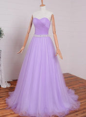 Winter Wedding, Light Purple Sweetheart Simple Beaded Waist Long Party Dress, Tulle Evening Gown Prom Dress