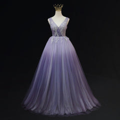 Formal Dress For Wedding Reception, Light Purple Tulle Gradient Lace Applique Formal Dress, Long Prom Dress