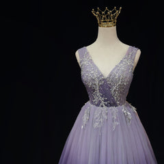 Formal Dresses For Wedding Guest, Light Purple Tulle Gradient Lace Applique Formal Dress, Long Prom Dress