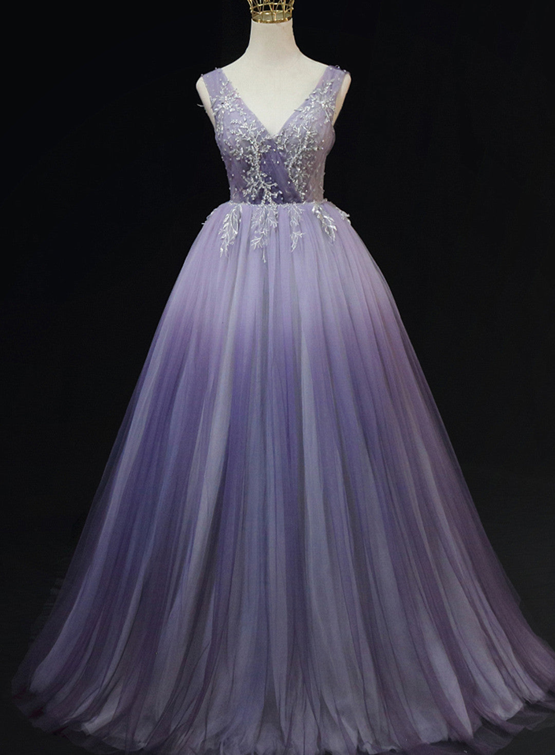 Formal Dress Attire For Wedding, Light Purple Tulle Gradient Lace Applique Formal Dress, Long Prom Dress