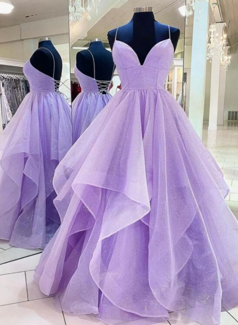 Ethereal Dress, Light Purple Tulle Lace-up Layers Long Evening Gown, Shiny Tulle Junior Prom Dresses