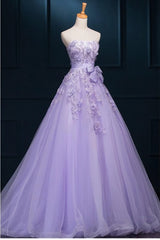 White Dress, Light Purple Tulle Long Sweet 16 Dress with Bow, Lace Applique Purple Prom Dress Party Dress