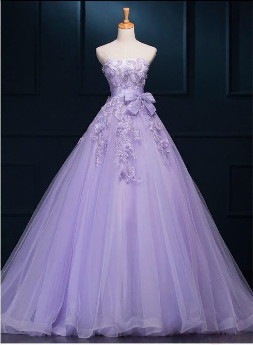 Quinceanera Dress, Light Purple Tulle Long Sweet 16 Dress with Bow, Lace Applique Purple Prom Dress Party Dress