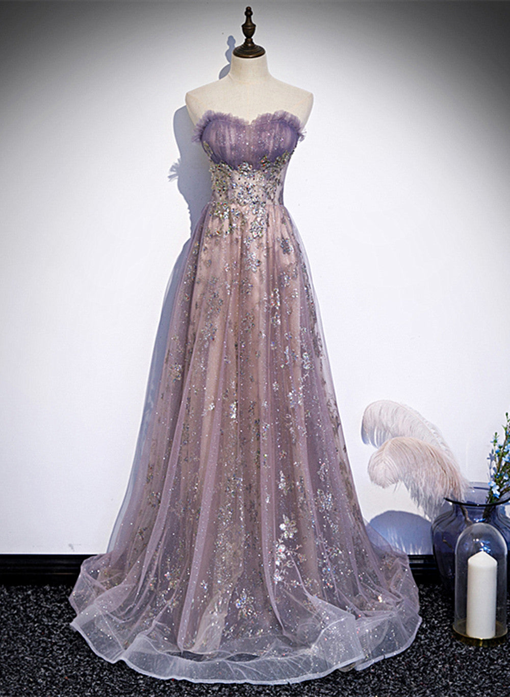 Bridesmaid Dress Convertible, Light Purple Tulle with Lace A-line Floor Length Party Dress, Light Purple Evening Dress