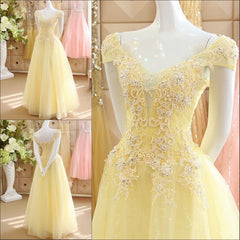 Party Dress Inspo, Light Yellow Tulle Cap Sleeves with Lace Applique Prom Dress, Yellow Long Evening Dress