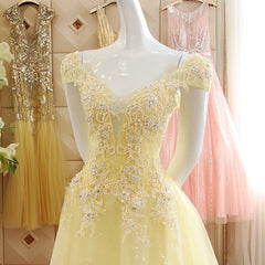 Party Dresses For 26 Year Olds, Light Yellow Tulle Cap Sleeves with Lace Applique Prom Dress, Yellow Long Evening Dress