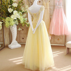 Party Dress Size 24, Light Yellow Tulle Cap Sleeves with Lace Applique Prom Dress, Yellow Long Evening Dress