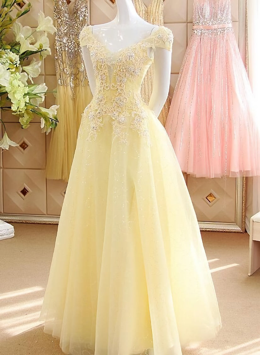 Party Dresses Classy, Light Yellow Tulle Cap Sleeves with Lace Applique Prom Dress, Yellow Long Evening Dress