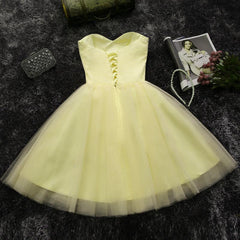Gold Prom Dress, Light Yellow Tulle Short Beaded Sweetheart Homecoming Dress, Tulle Short Formal Dress