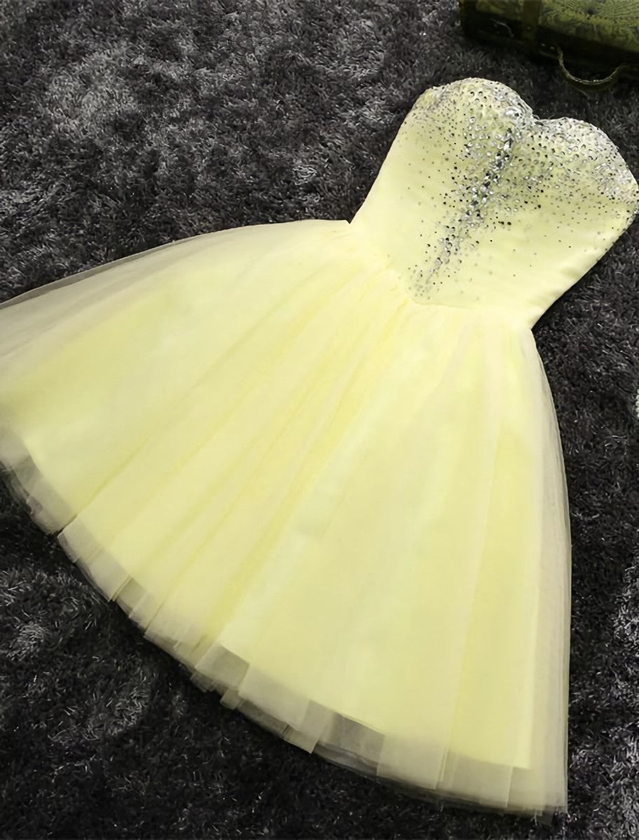 Maxi Dress, Light Yellow Tulle Short Beaded Sweetheart Homecoming Dress, Tulle Short Formal Dress