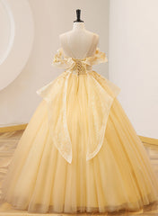 Party Dress Code, Light Yellow Tulle with Beadings and Lace Party Dress, Yellow Tulle Prom Dress