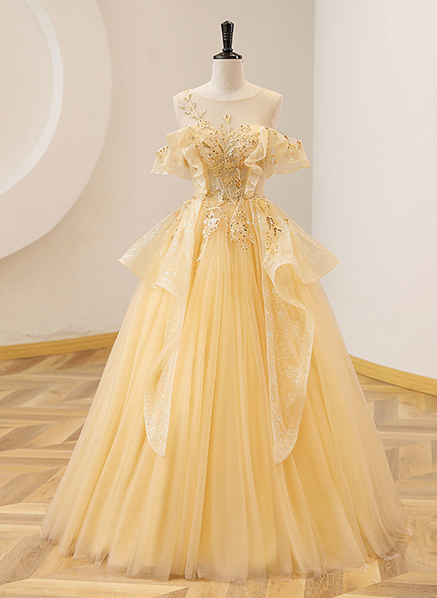 Party Dresses For Weddings, Light Yellow Tulle with Beadings and Lace Party Dress, Yellow Tulle Prom Dress