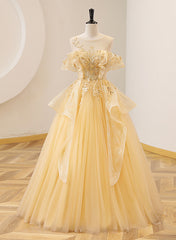 Party Dresses For Weddings, Light Yellow Tulle with Beadings and Lace Party Dress, Yellow Tulle Prom Dress