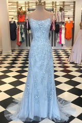 Prom Dress Long Sleeves, Chic Trumpet Spaghetti Straps With Lace Appliques Light Blue Prom Dresses