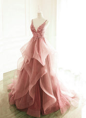 Party Dresses Halter Neck, Dark Pink V Neck Tulle Lace Prom Dress, Spaghetti Strap Prom Dress, Ruffle A Line Formal Dress