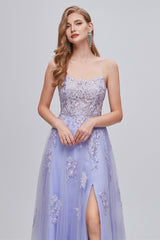 Formal Dress For Wedding Guest, Lilac Appliques Lace-Up A-Line Long Prom Dresses with Slit