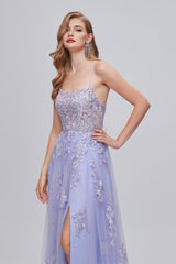 Formal Dress For Weddings Guest, Lilac Appliques Lace-Up A-Line Long Prom Dresses with Slit