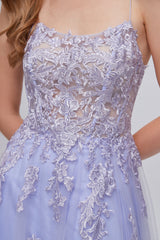 Formal Dress To Attend Wedding, Lilac Appliques Lace-Up A-Line Long Prom Dresses with Slit