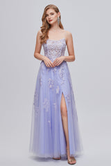 Formal Dresses Wedding Guest, Lilac Appliques Lace-Up A-Line Long Prom Dresses with Slit
