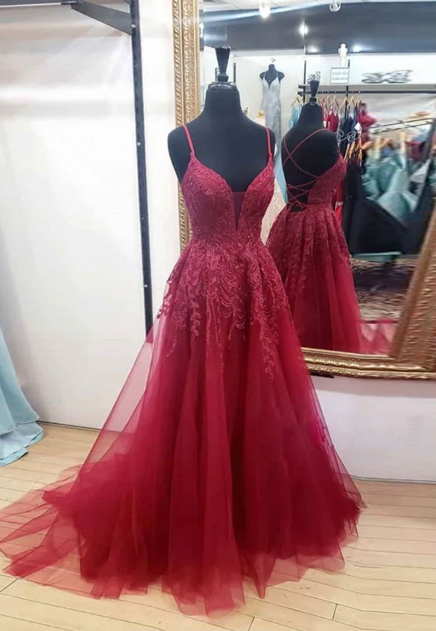 Formal Dress For Girls, Burgundy V-Neck Lace Long Prom Dresses, A-Line Evening Dresses