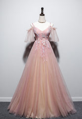 Wedding Bouquet, Pink V-Neck Lace Long Prom Dresses, A-Line Evening Dresses