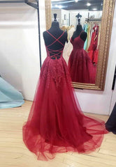 Formal Dresses For Girls, Burgundy V-Neck Lace Long Prom Dresses, A-Line Evening Dresses