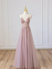 Bridesmaids Dresses Purple, Pink V-Neck Tulle Long Prom Dress with Beaded, Pink Spaghetti Strap Evening Dress