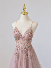 Bridesmaid Dresses Purples, Pink V-Neck Tulle Long Prom Dress with Beaded, Pink Spaghetti Strap Evening Dress