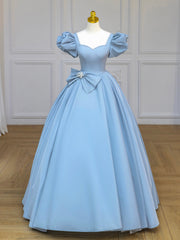 Bridesmaid Dresses Velvet, Blue Satin Long Prom Dress with Bow, Blue A-Line Formal Evening Dress