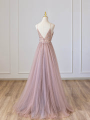 Bridesmaid Dress Purple, Pink V-Neck Tulle Long Prom Dress with Beaded, Pink Spaghetti Strap Evening Dress