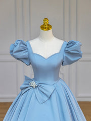 Bridal Dress, Blue Satin Long Prom Dress with Bow, Blue A-Line Formal Evening Dress