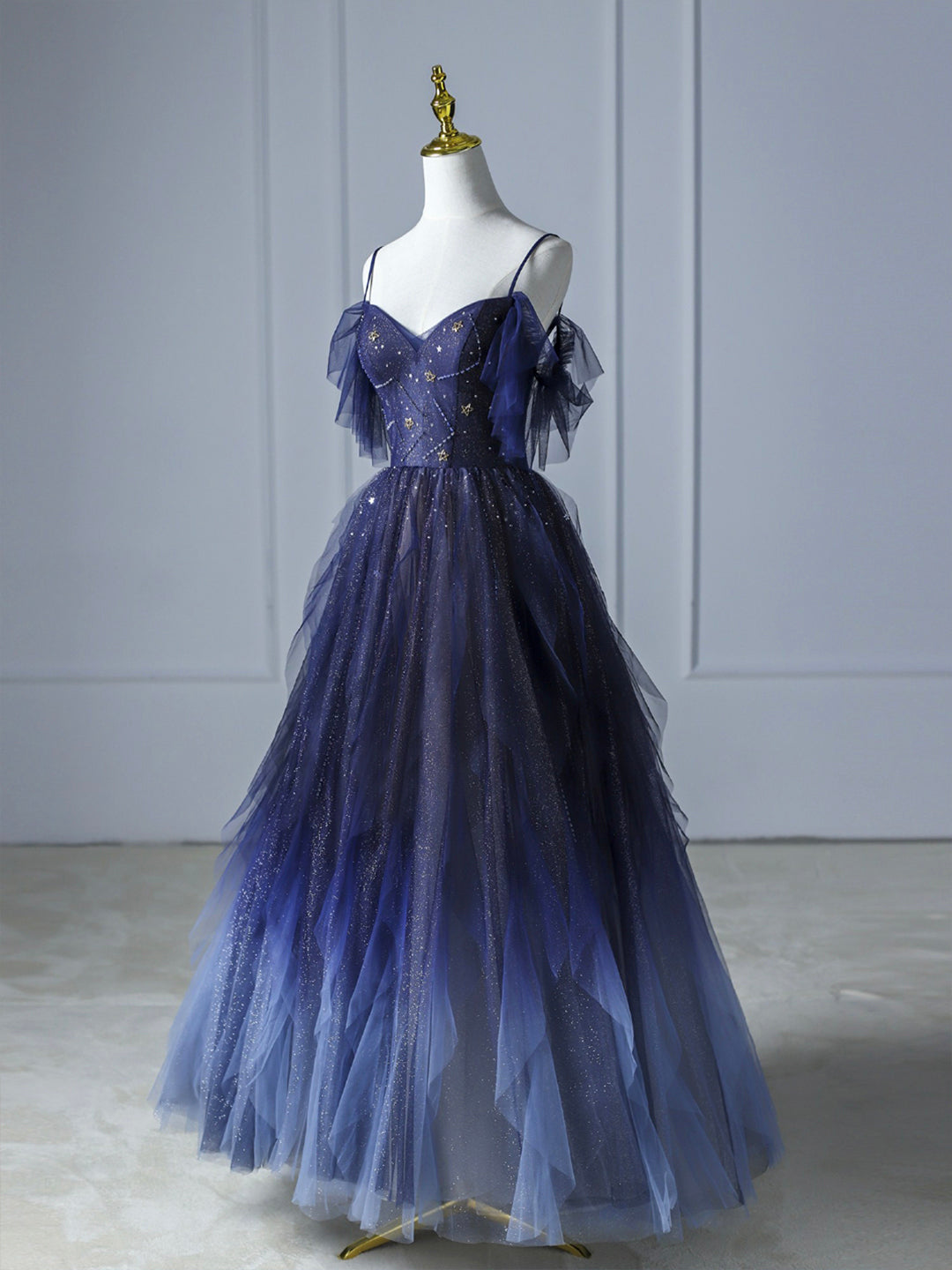 Bridesmaid Dresses Mismatched Winter, Blue Gradient Tulle Long Prom Dress, Beautiful Spaghetti Strap Evening Party Dress