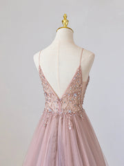 Bridesmaids Dress Purple, Pink V-Neck Tulle Long Prom Dress with Beaded, Pink Spaghetti Strap Evening Dress