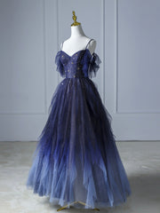 Bridesmaid Dresses Mismatched Winter, Blue Gradient Tulle Long Prom Dress, Beautiful Spaghetti Strap Evening Party Dress