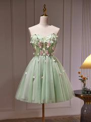 Prom Dresses Blues, Green Tulle Beaded Party Dress, Green Short Prom Dress with Flowers