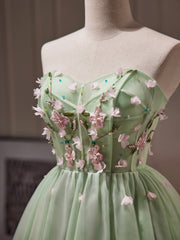 Prom Dressed Blue, Green Tulle Beaded Party Dress, Green Short Prom Dress with Flowers