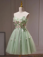 Prom Dresses Blush, Green Tulle Beaded Party Dress, Green Short Prom Dress with Flowers