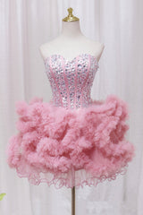 Bridesmaid Dress Beach Wedding, Pink Sweetheart Neckline Tulle Short Prom Dress with Rhinestones, Cute Party Dress