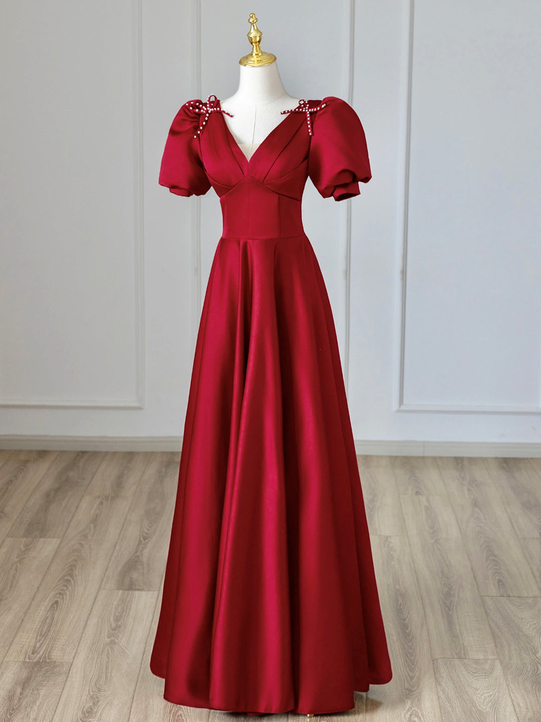 Formal Dress For Beach Wedding, Burgundy V-Neck Satin Long Prom Dress, Burgundy Formal Evening Dress