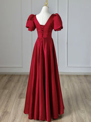 Formal Dress Modest, Burgundy V-Neck Satin Long Prom Dress, Burgundy Formal Evening Dress