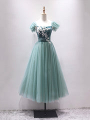 Prom Dress Burgundy, Green Velvet Tulle Tea Length Prom Dress, Cute A-Line Party Dress with Lace