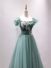 Prom Dresses Burgundy, Green Velvet Tulle Tea Length Prom Dress, Cute A-Line Party Dress with Lace