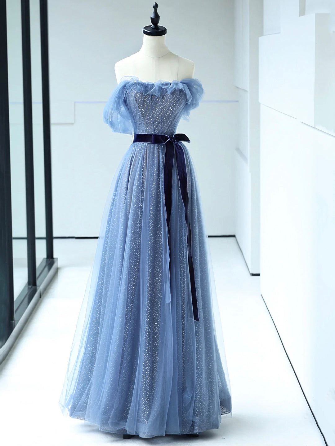 Party Dress For Teenage Girl, Strapless Tulle Blue Floor Length Prom Dress, A-Line Blue Evening Party Dress