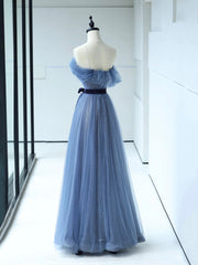 Party Dresses Summer Dresses, Strapless Tulle Blue Floor Length Prom Dress, A-Line Blue Evening Party Dress