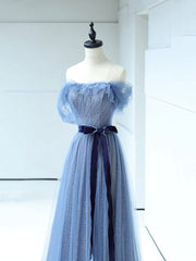 Party Dress Black, Strapless Tulle Blue Floor Length Prom Dress, A-Line Blue Evening Party Dress