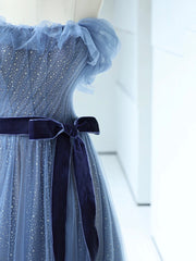 Party Dress Large Size, Strapless Tulle Blue Floor Length Prom Dress, A-Line Blue Evening Party Dress