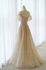 Mini Dress, A-Line Tulle Beaded Long Prom Dress, Champagne Short Sleeve Evening Dress