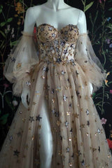 Engagement Dress, Champagne Tulle Long Prom Dress, Off the Shoulder Evening Dress with Stars